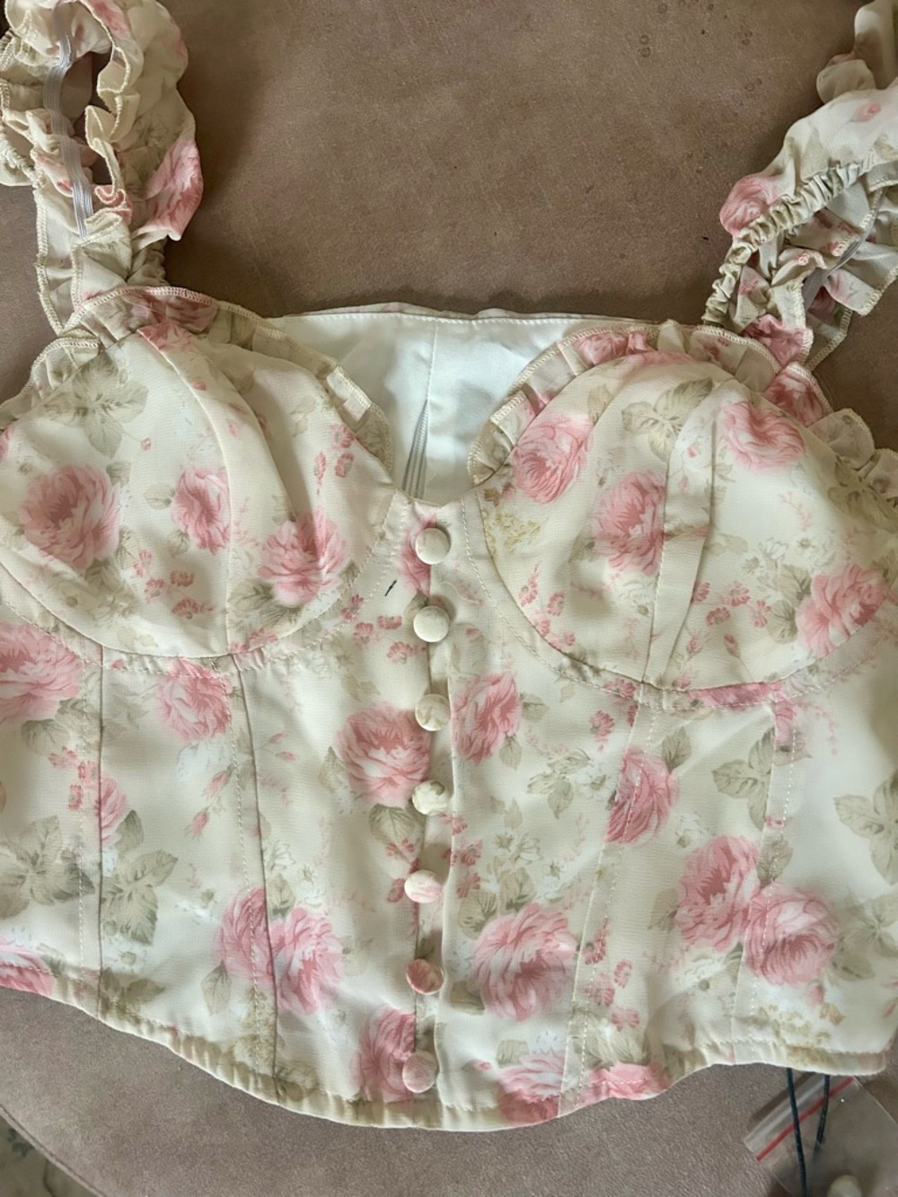 Cider Cream Crop Top with Pink Rose Print